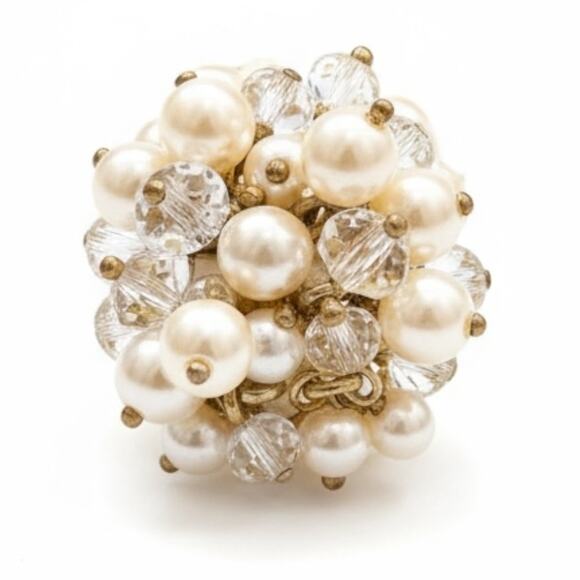 Vintage Cha Cha Ring Faux Pearl Crystal Cluster Bouquet Stretch Cocktail - Picture 3 of 6
